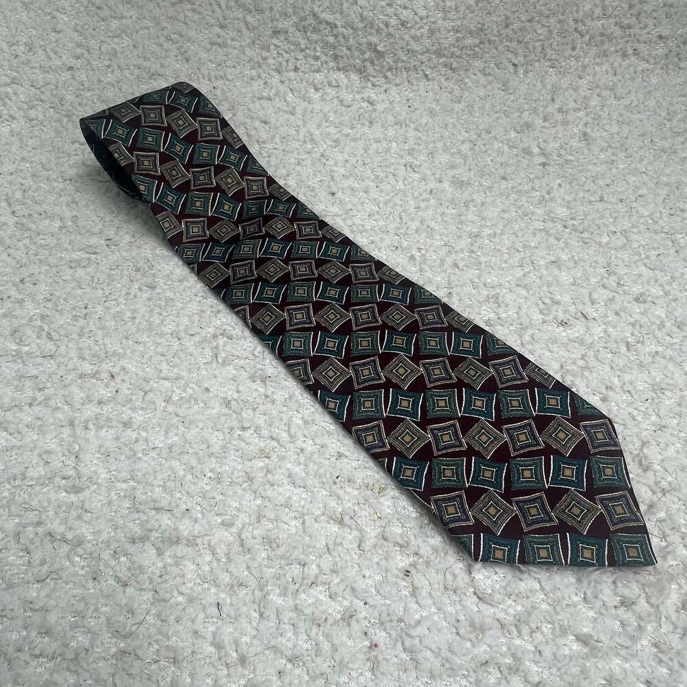 Pierre Balmain Mens Tie 100% ITALIAN Silk Paris Couture Green Gold on BURGUNDY E